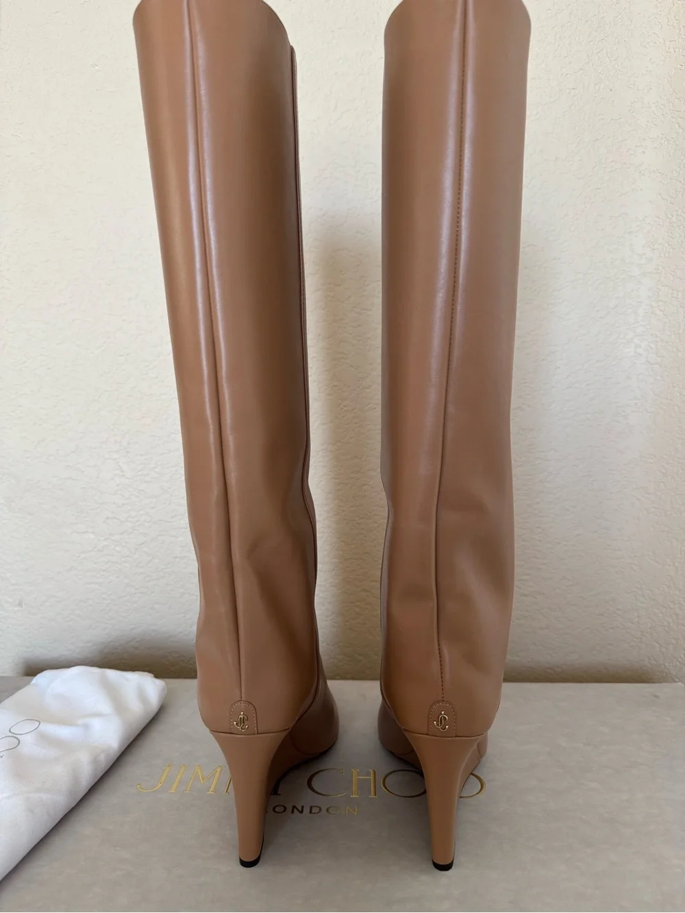 Jimmy Choo Tall Pointed-Toe Over-the-Knee Boots — Tan
